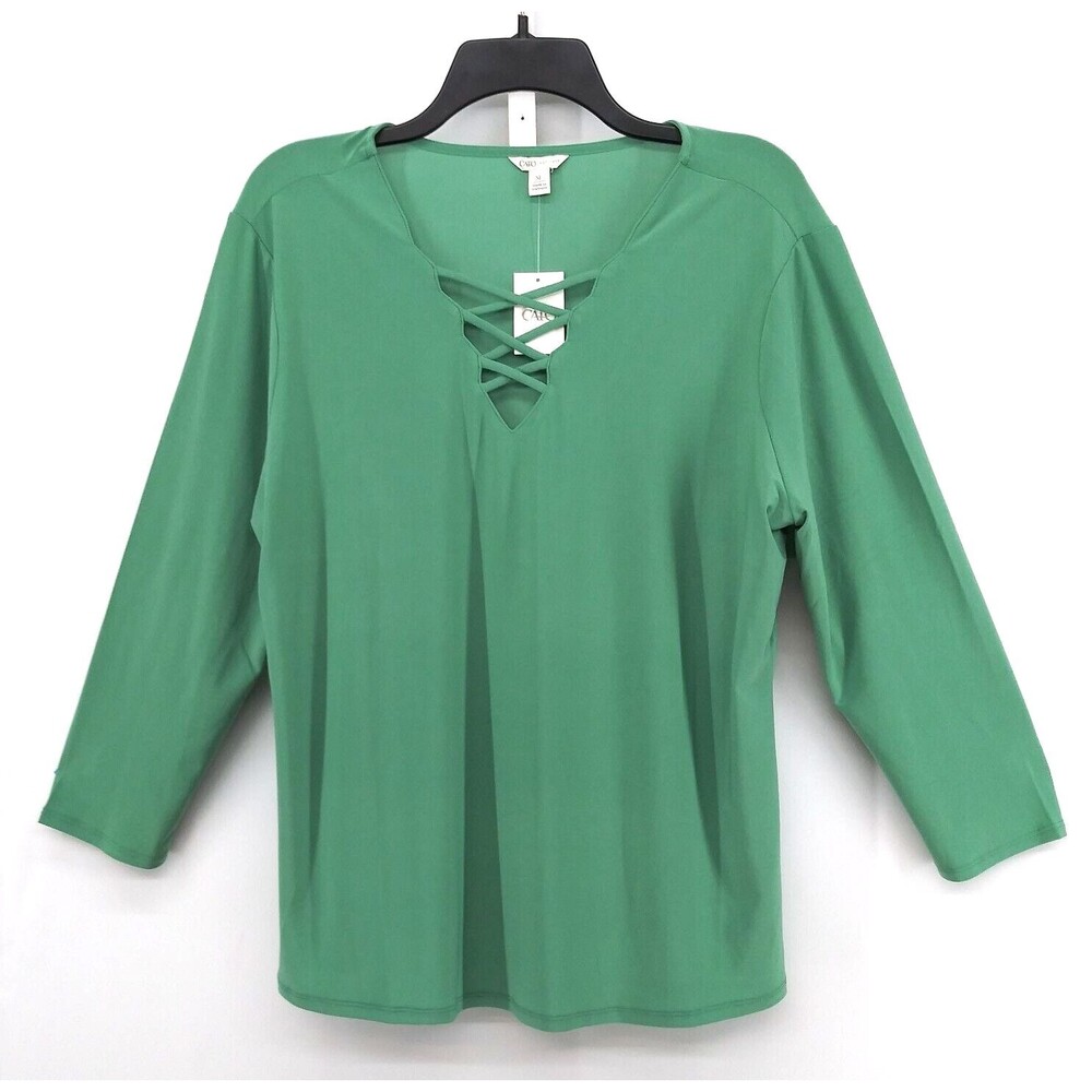 Cato Blouse Womens Size XL Green 3/4 Sleeve Keyhole V-Neck Pullover Top NWT